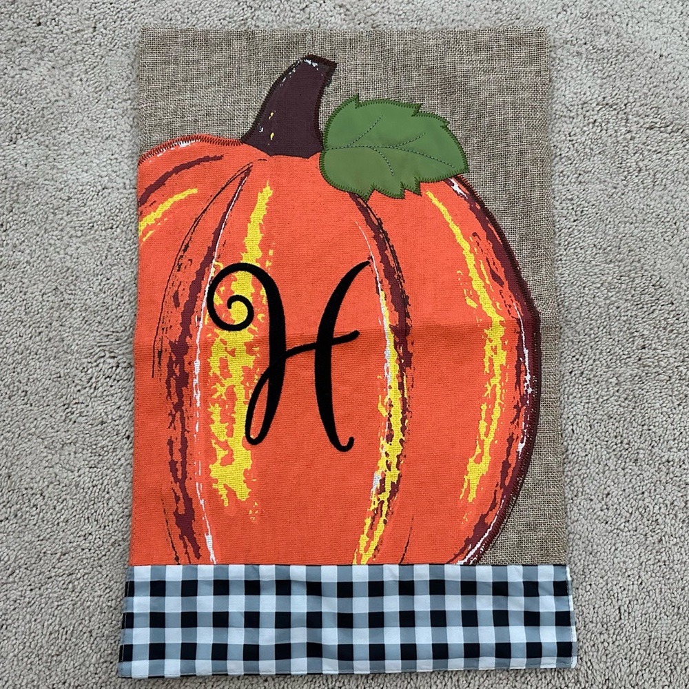 Pumpkin Garden Flag Fall Decor - Buffalo Plaid Burlap Monogram Initial Letter H